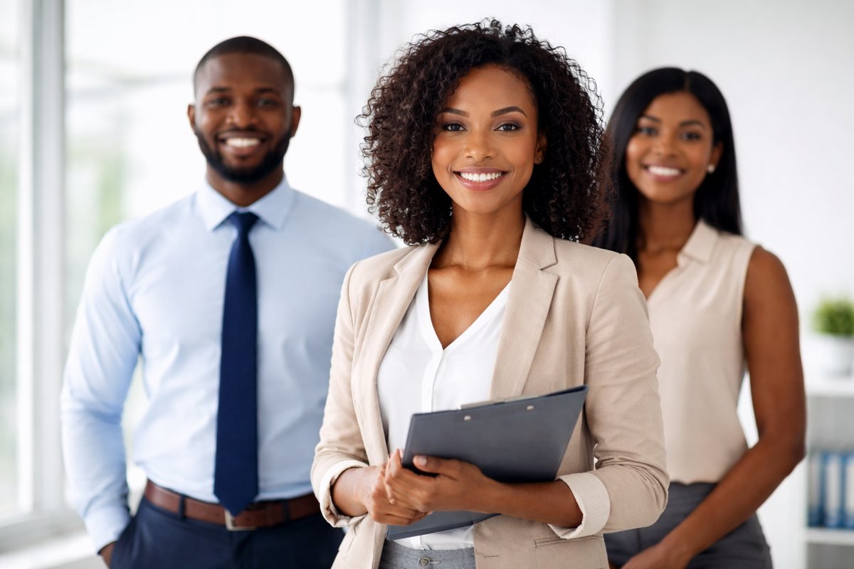 Smiling team of African professionals in a bright modern office